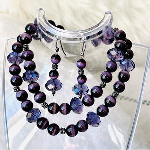Deep Purple Cat's Eye Faceted Crystals Beads Drop Earrings Necklace Set 22” Long